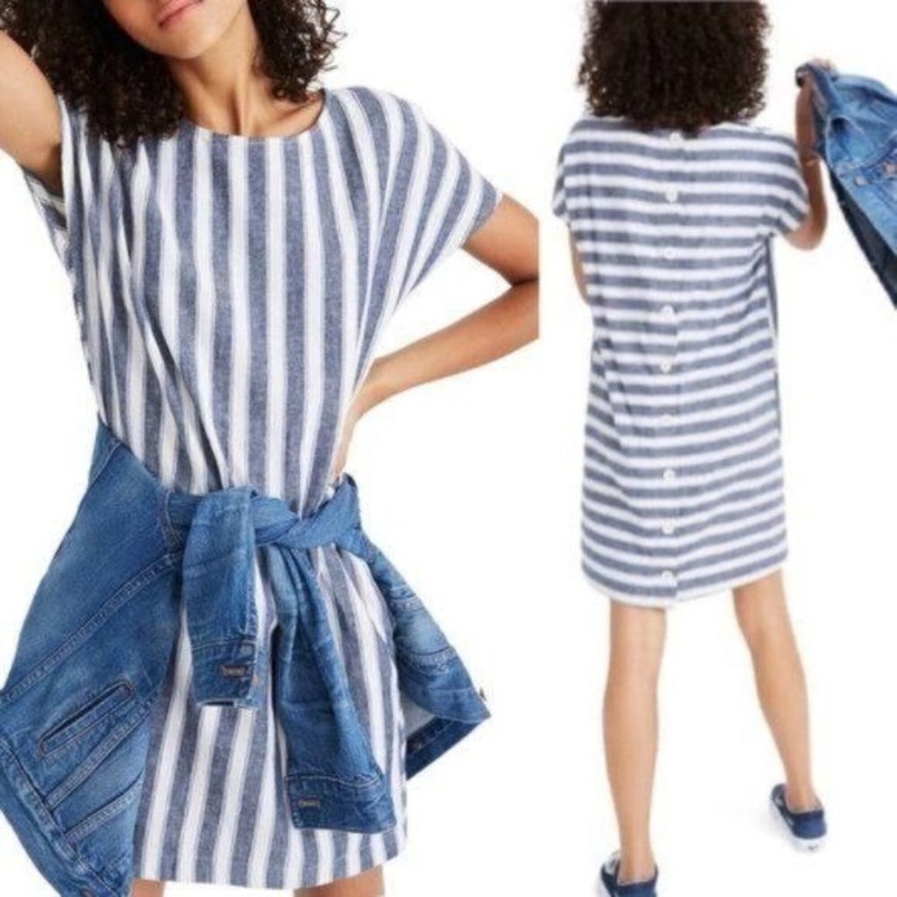 Madewell Stripe Play Button Back Tee Dress Linen Cotton Blend Dress Breezy Dress
